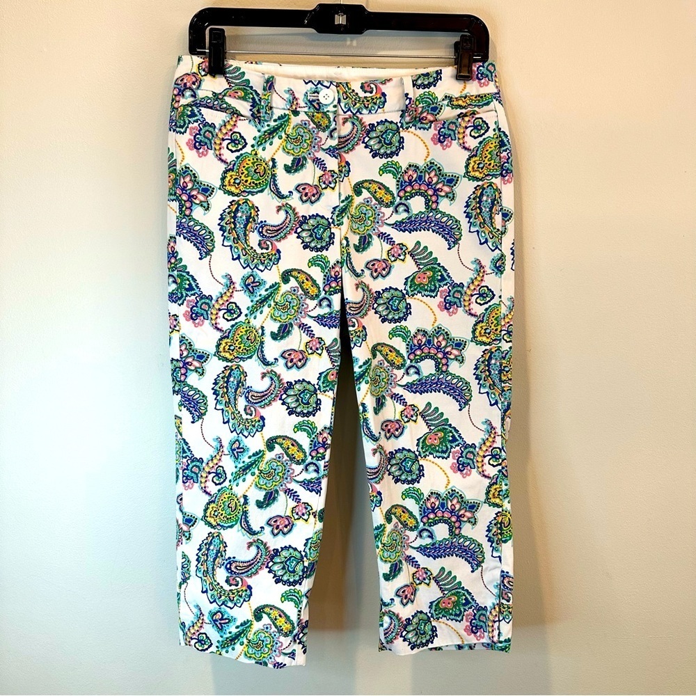 Talbots Womens Size 2 Petite Perfect Skimmer Capri Pants White Paisley Print